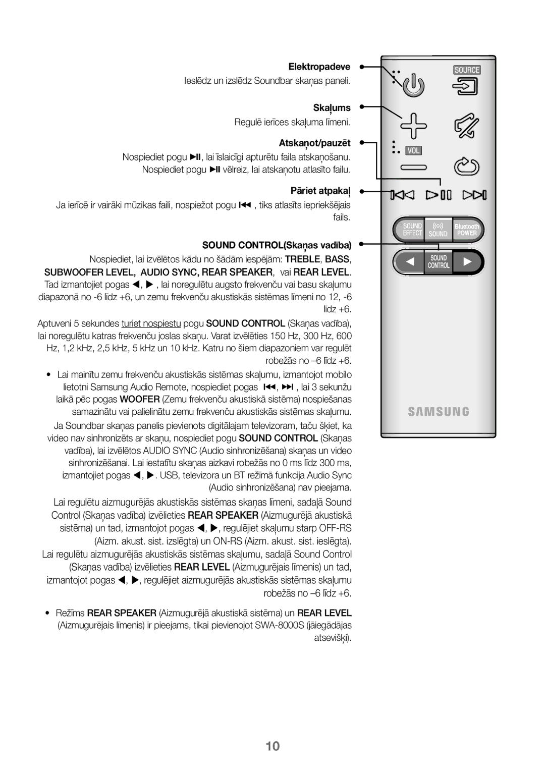 Samsung HW-K450/EN manual Elektropadeve, Ieslēdz un izslēdz Soundbar skaņas paneli, Skaļums, Regulē ierīces skaļuma līmeni 