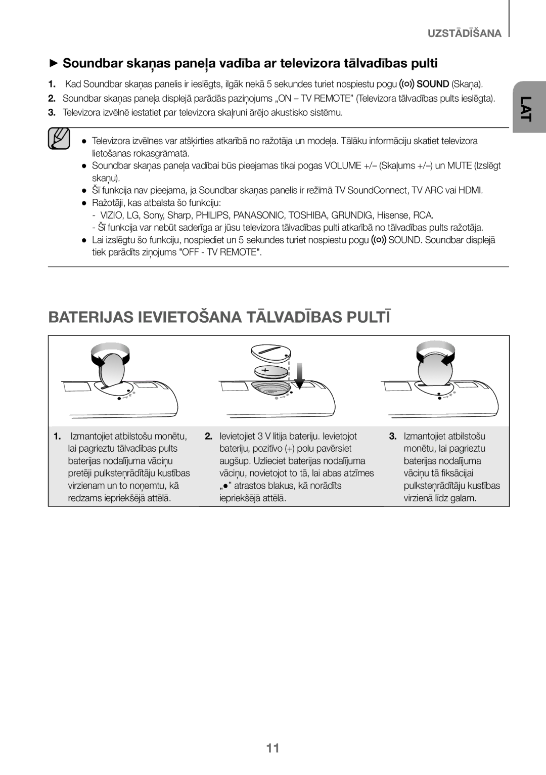 Samsung HW-J450/EN manual Lietošanas rokasgrāmatā, Skaņu, Tiek parādīts ziņojums OFF TV Remote, Baterijas nodalījuma vāciņu 