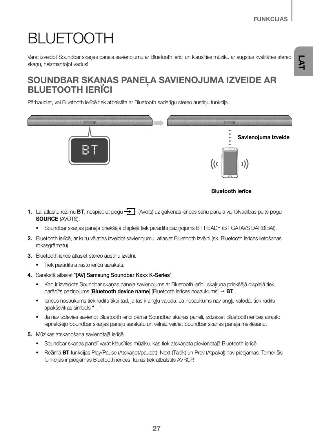 Samsung HW-J450/EN, HW-K450/EN, HW-J450/ZF, HW-K450/ZF manual Bluetooth ierīce, Lai atlasītu režīmu BT, nospiediet pogu 