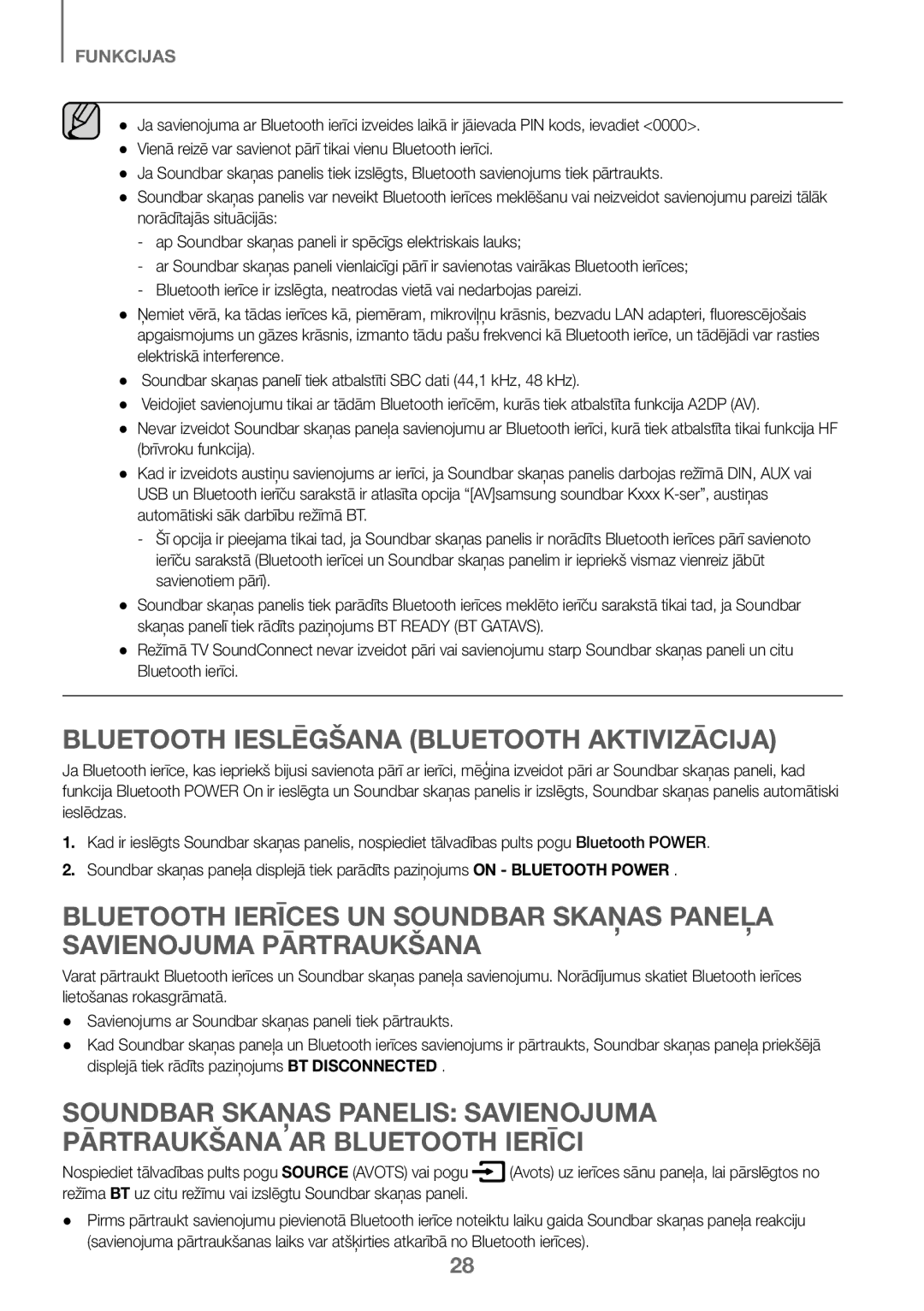 Samsung HW-J450/ZF, HW-K450/EN, HW-J450/EN, HW-K450/ZF manual Bluetooth Ieslēgšana Bluetooth Aktivizācija 