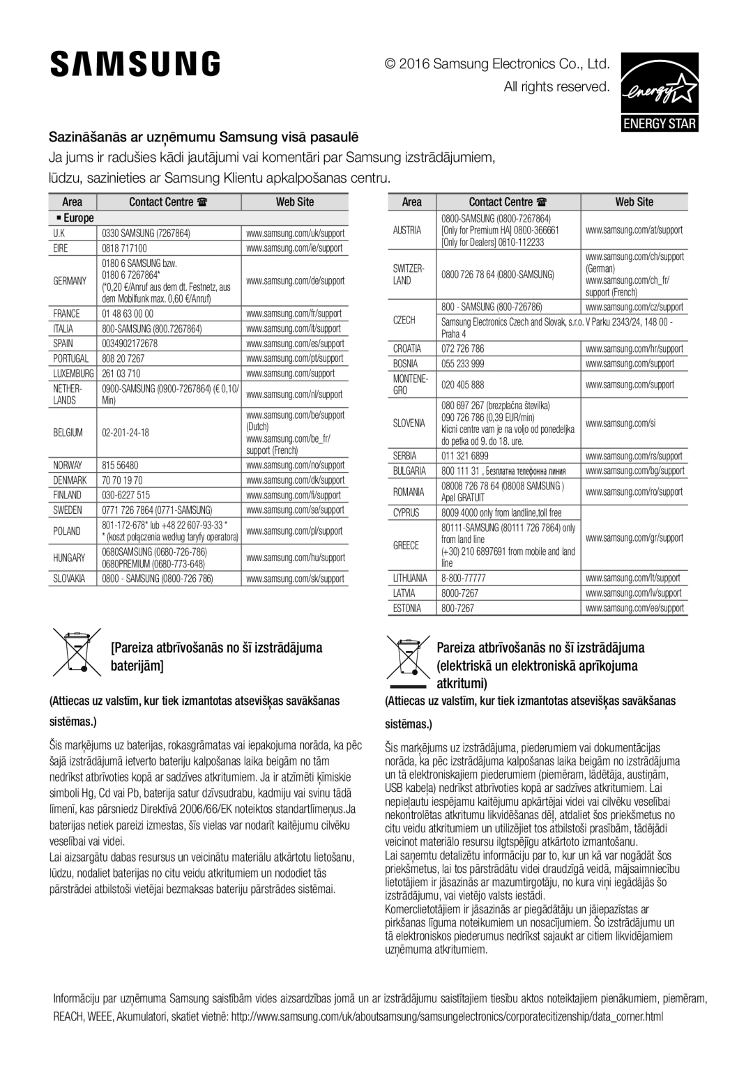 Samsung HW-K450/ZF manual Sazināšanās ar uzņēmumu Samsung visā pasaulē, Pareiza atbrīvošanās no šī izstrādājuma baterijām 