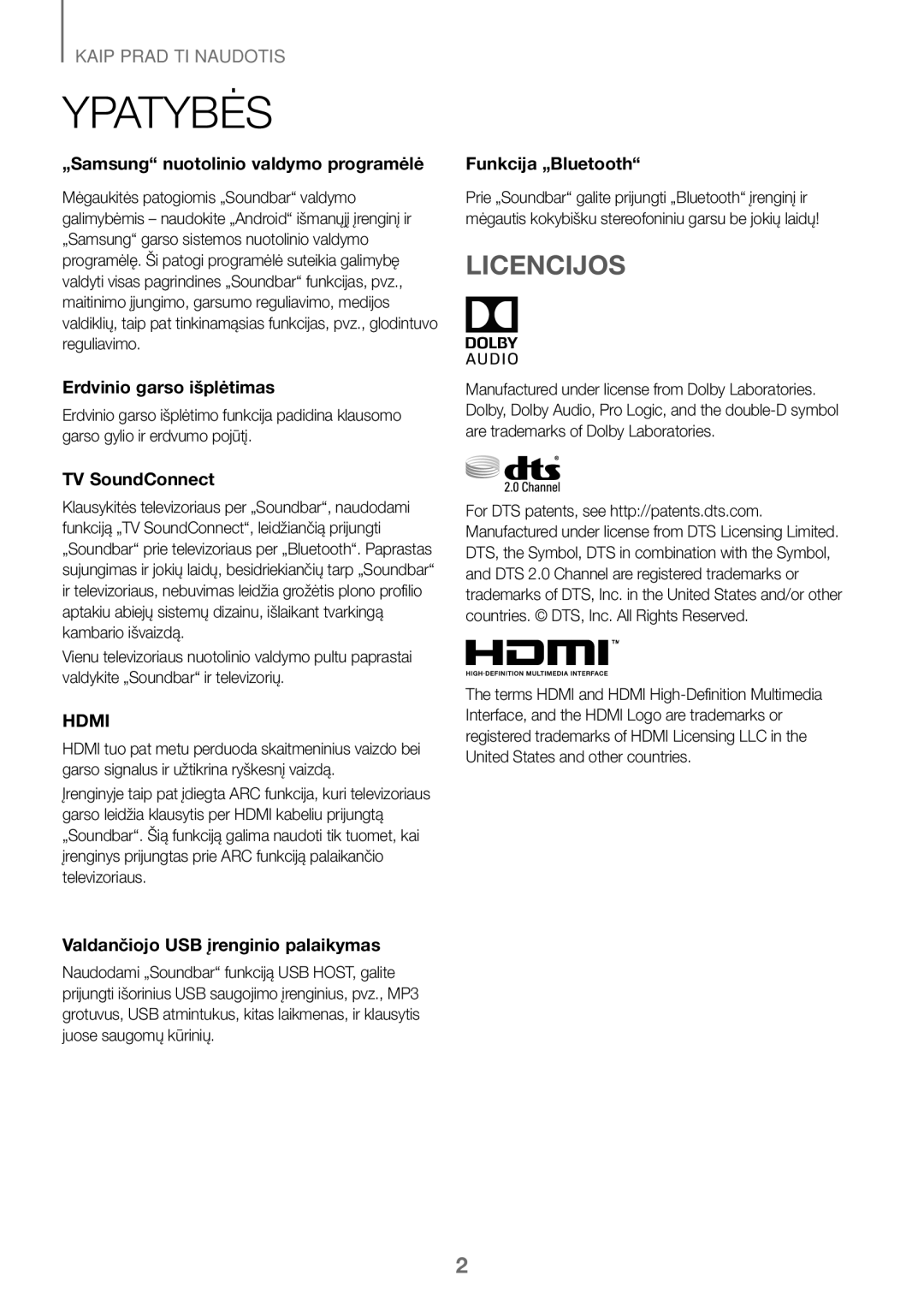 Samsung HW-J450/EN, HW-K450/EN, HW-J450/ZF, HW-K450/ZF manual Ypatybės, Licencijos 