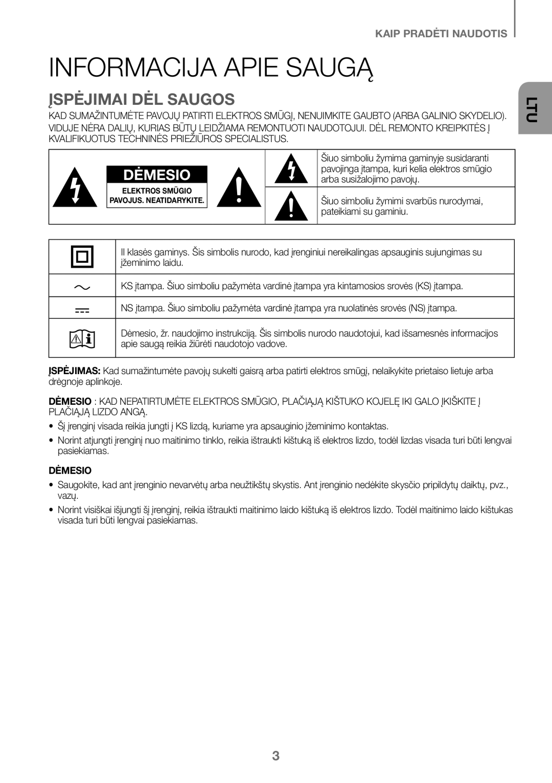 Samsung HW-J450/ZF, HW-K450/EN, HW-J450/EN, HW-K450/ZF manual Informacija Apie Saugą, Įspėjimai DĖL Saugos, Dėmesio 