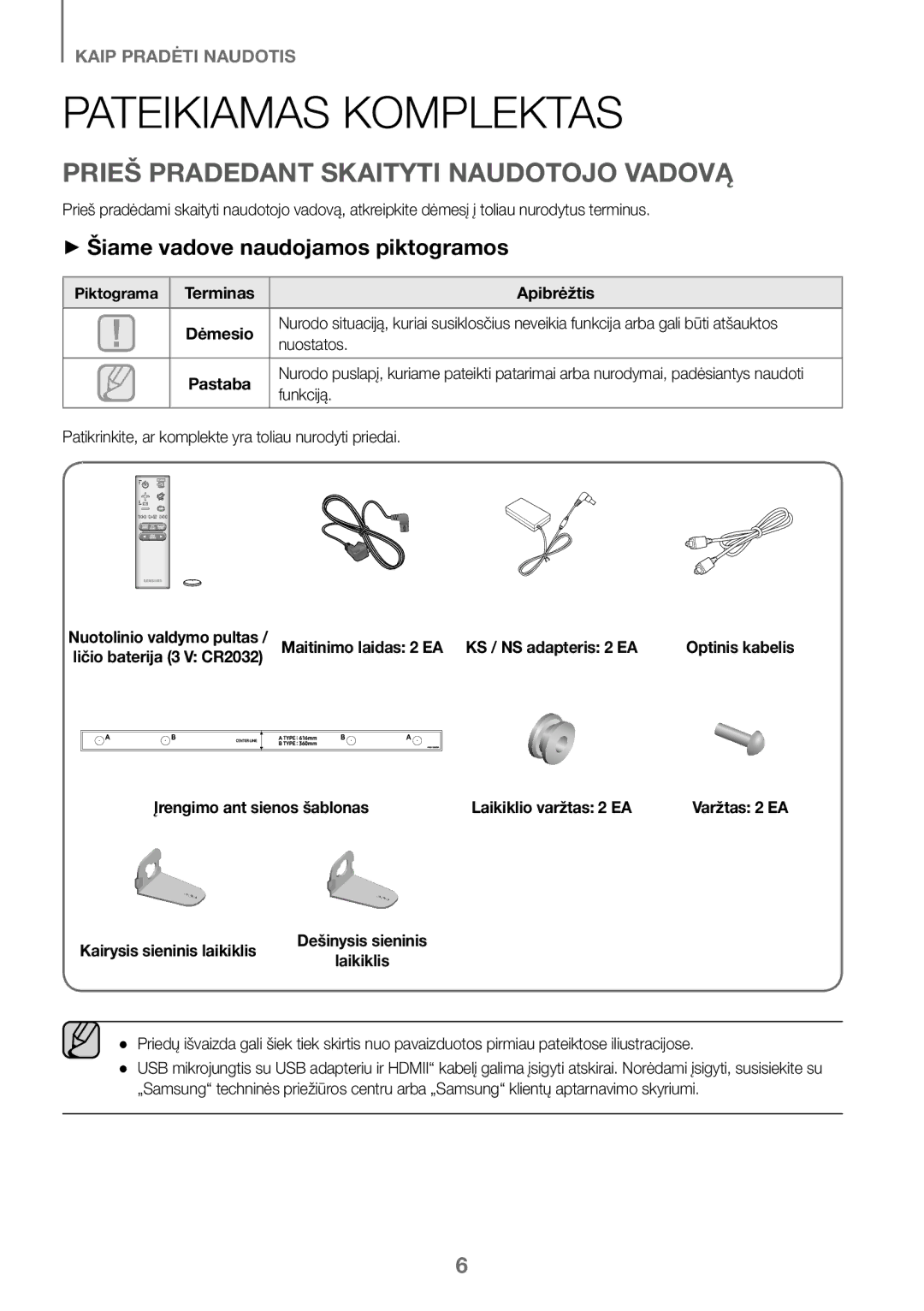 Samsung HW-J450/EN, HW-K450/EN, HW-J450/ZF, HW-K450/ZF Pateikiamas Komplektas, Prieš Pradedant Skaityti Naudotojo Vadovą 