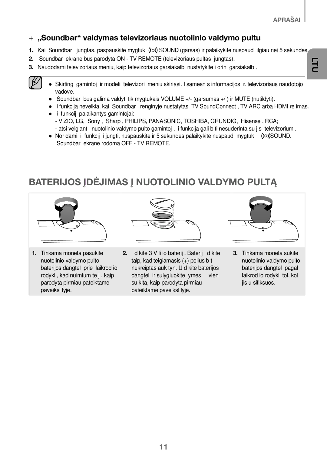 Samsung HW-J450/ZF manual Baterijos Įdėjimas Į Nuotolinio Valdymo Pultą, Vadove, „Soundbar ekrane rodoma OFF TV Remote 