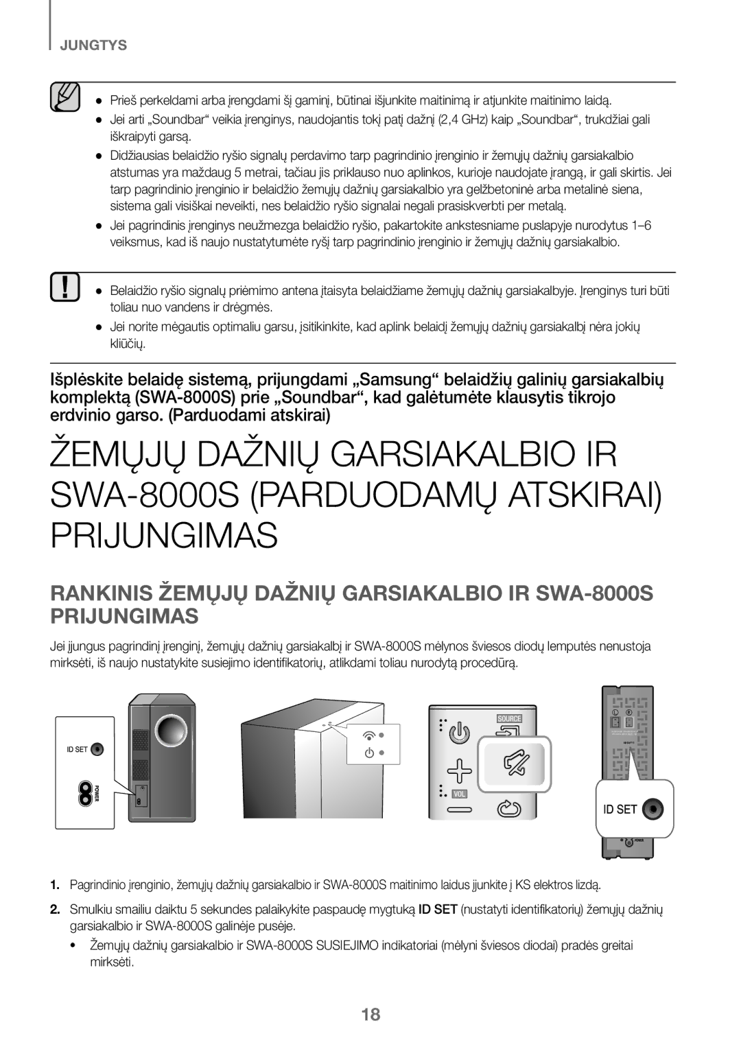 Samsung HW-J450/EN, HW-K450/EN, HW-J450/ZF, HW-K450/ZF manual Rankinis Žemųjų Dažnių Garsiakalbio IR SWA-8000S Prijungimas 