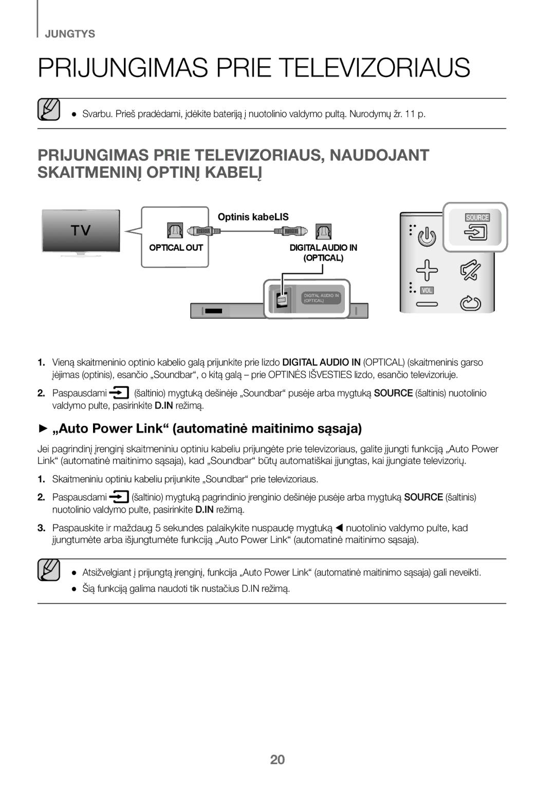 Samsung HW-K450/ZF, HW-K450/EN, HW-J450/EN Prijungimas Prie Televizoriaus, ++„Auto Power Link automatinė maitinimo sąsaja 