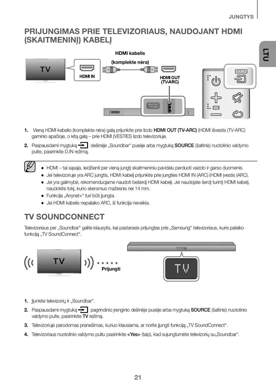 Samsung HW-K450/EN, HW-J450/EN, HW-J450/ZF, HW-K450/ZF manual TV Soundconnect, Hdmi kabelis Komplekte nėra 