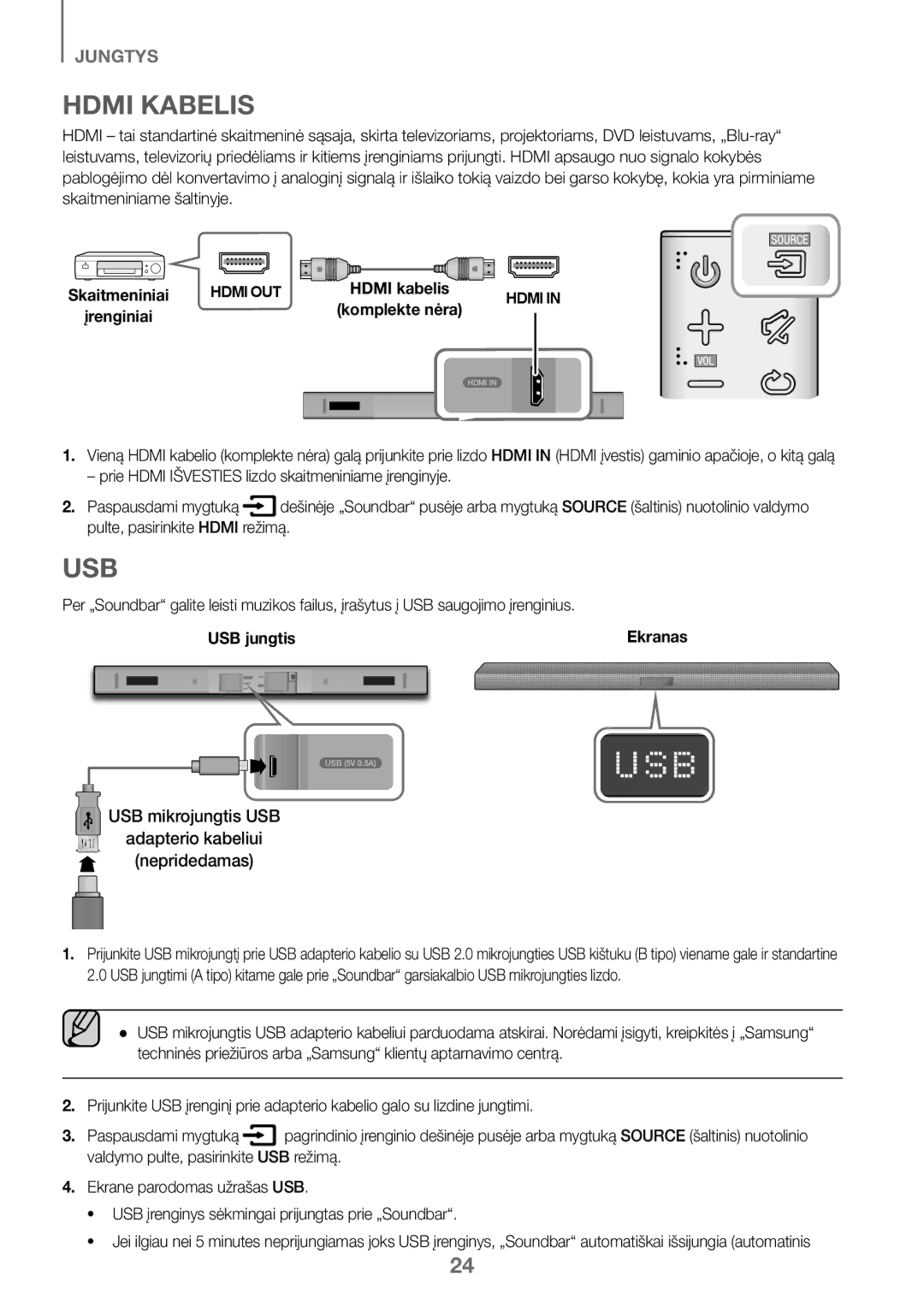 Samsung HW-K450/ZF manual USB mikrojungtis USB Adapterio kabeliui Nepridedamas, Paspausdami mygtuką, Ekranas, USB jungtis 