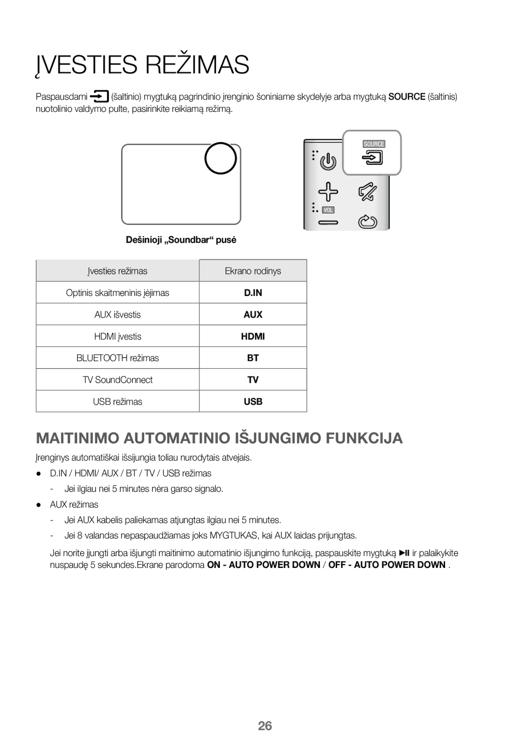 Samsung HW-J450/EN, HW-K450/EN manual Įvesties Režimas, Maitinimo Automatinio Išjungimo Funkcija, Dešinioji „Soundbar pusė 