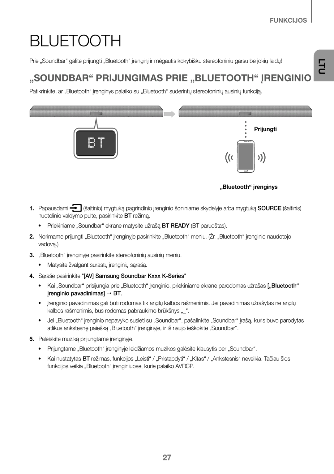 Samsung HW-J450/ZF, HW-K450/EN „SOUNDBAR Prijungimas Prie „BLUETOOTH Įrenginio, Prijungti „Bluetooth įrenginys Papausdami 