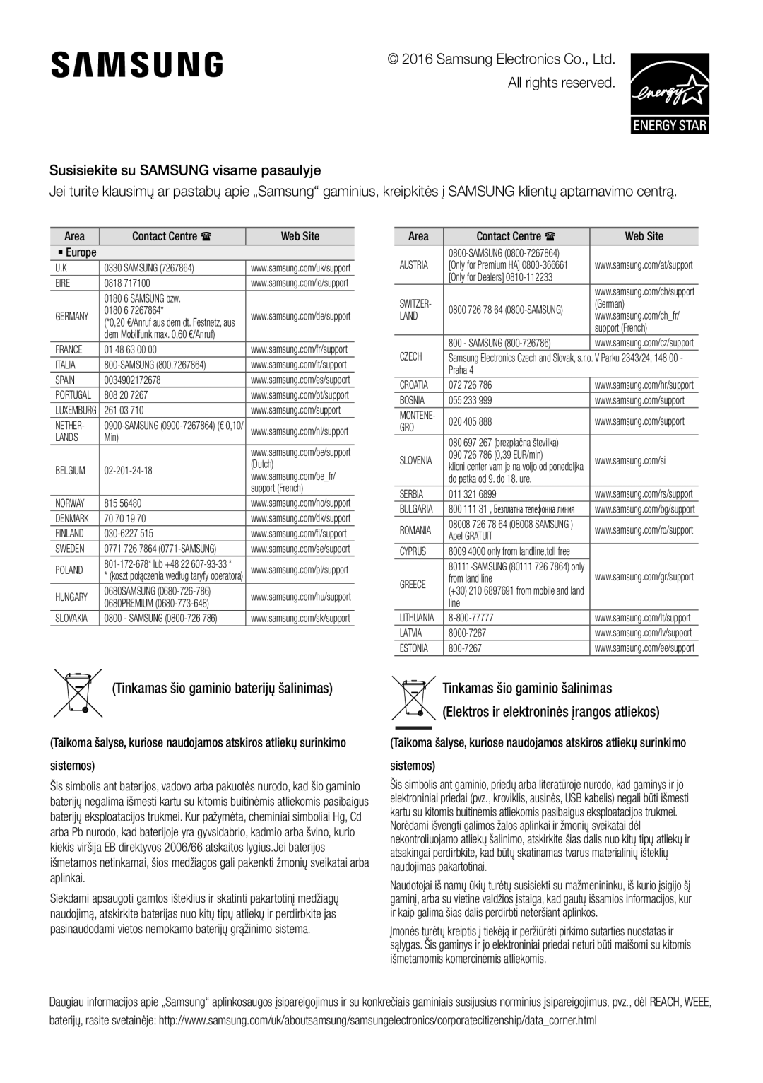 Samsung HW-K450/EN, HW-J450/EN, HW-J450/ZF, HW-K450/ZF manual Tinkamas šio gaminio baterijų šalinimas 