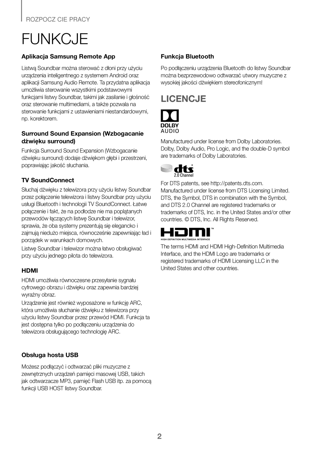 Samsung HW-J450/ZF, HW-K450/EN, HW-J450/EN, HW-K450/ZF manual Funkcje, Licencje 