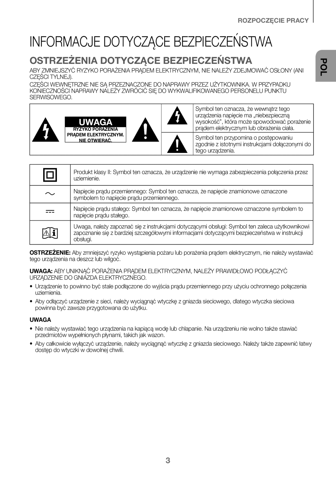 Samsung HW-K450/ZF, HW-K450/EN, HW-J450/EN, HW-J450/ZF manual Ostrzeżenia Dotyczące Bezpieczeństwa, Uwaga 