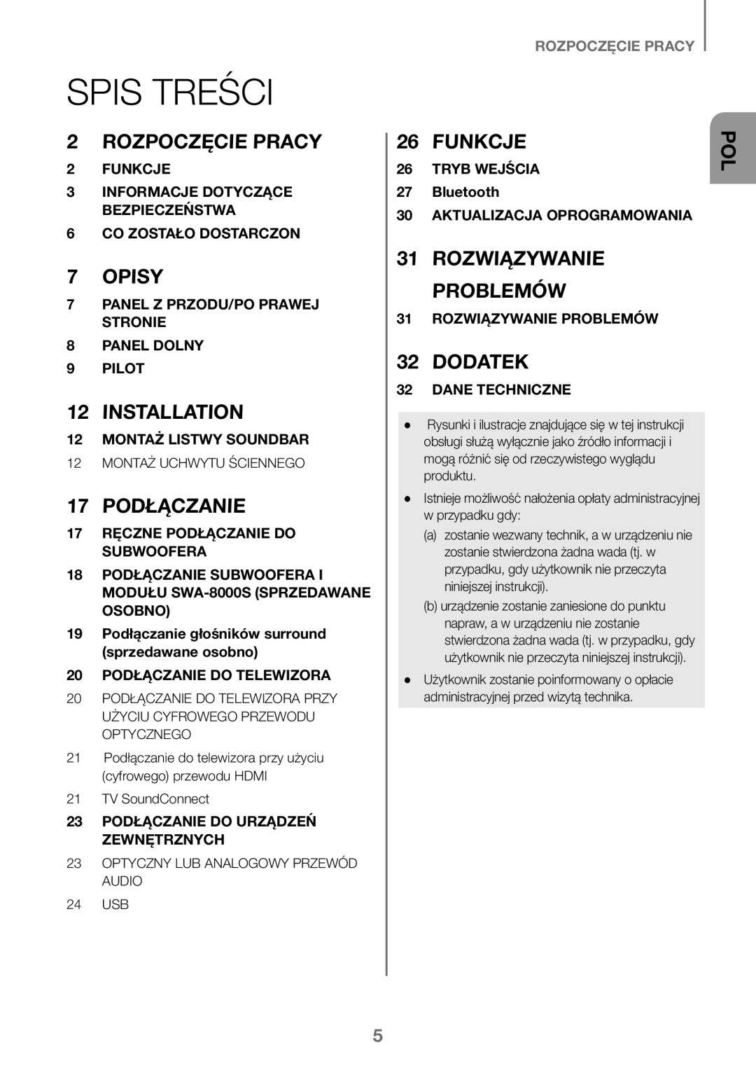 Samsung HW-J450/EN, HW-K450/EN, HW-J450/ZF, HW-K450/ZF Spis Treści, 19 Podłączanie głośników surround sprzedawane osobno 