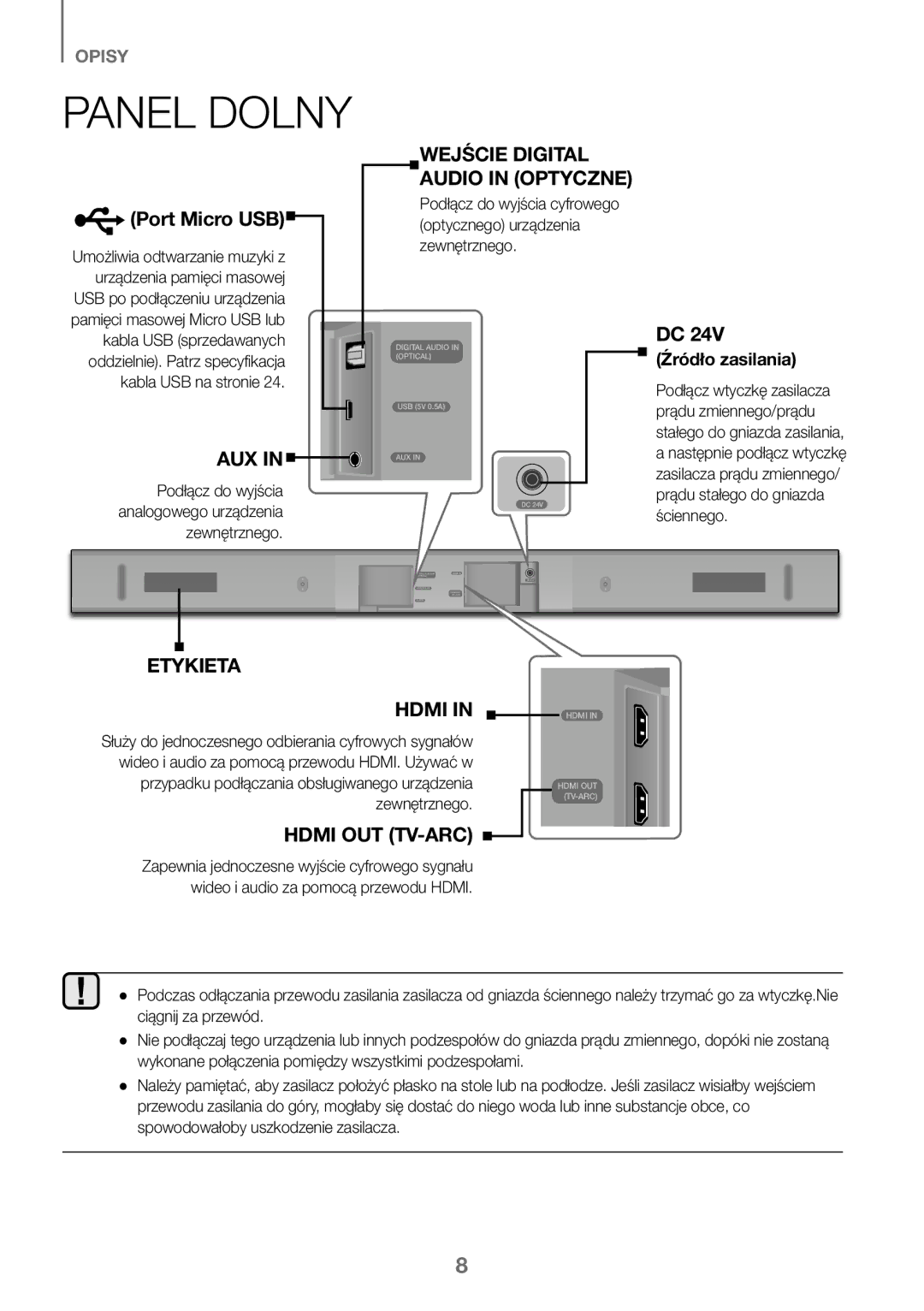 Samsung HW-K450/EN, HW-J450/EN, HW-J450/ZF, HW-K450/ZF manual Panel Dolny, Źródło zasilania 