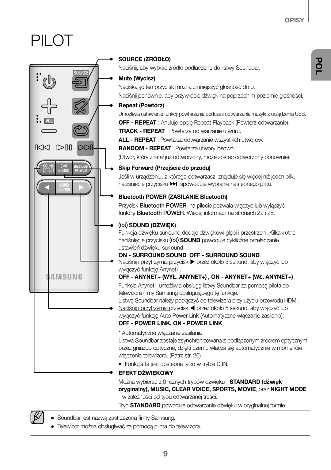 Samsung HW-J450/EN Pilot, Source Źródło, Sound Dźwięk, OFF ANYNET+ WYŁ. ANYNET+ , on ANYNET+ WŁ. ANYNET+, Efekt Dźwiękowy 