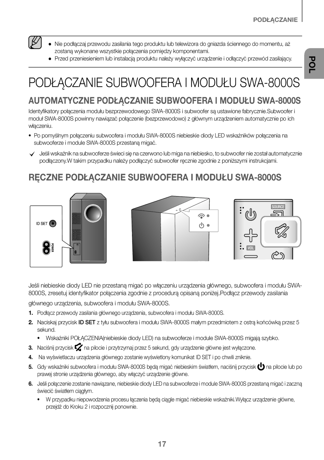 Samsung HW-J450/EN, HW-K450/EN, HW-J450/ZF, HW-K450/ZF manual Ręczne Podłączanie Subwoofera I Modułu SWA-8000S 