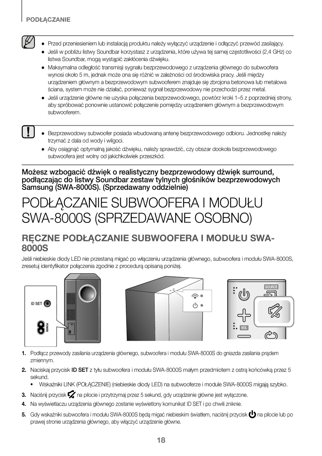 Samsung HW-J450/ZF, HW-K450/EN, HW-J450/EN, HW-K450/ZF manual Ręczne Podłączanie Subwoofera I Modułu SWA- 8000S 