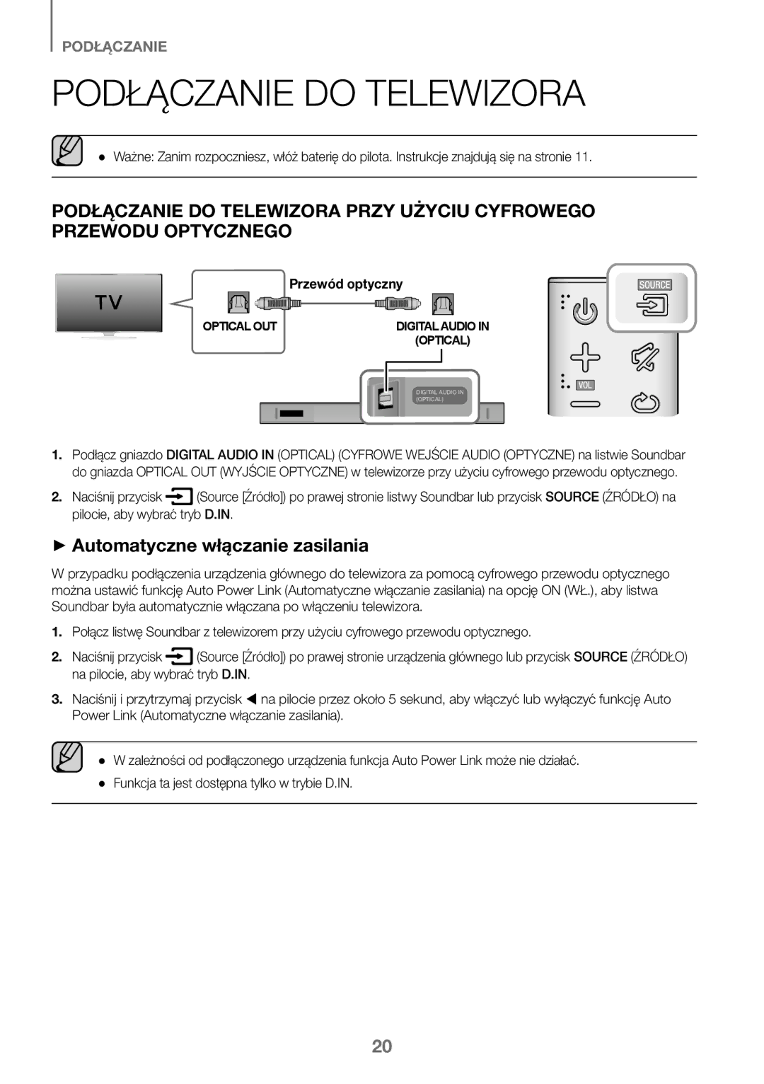 Samsung HW-K450/EN, HW-J450/EN, HW-J450/ZF Podłączanie do Telewizora, ++Automatyczne włączanie zasilania, Przewód optyczny 