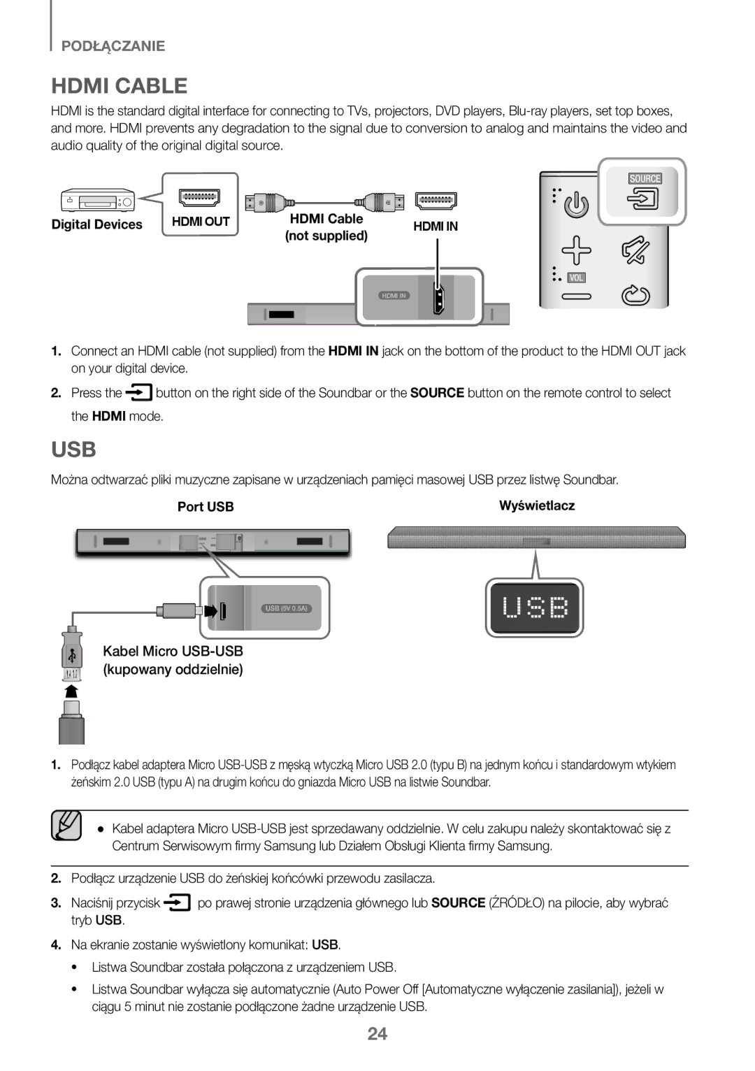 Samsung HW-K450/EN, HW-J450/EN, HW-J450/ZF, HW-K450/ZF manual Hdmi Cable, Kabel Micro USB-USB kupowany oddzielnie 