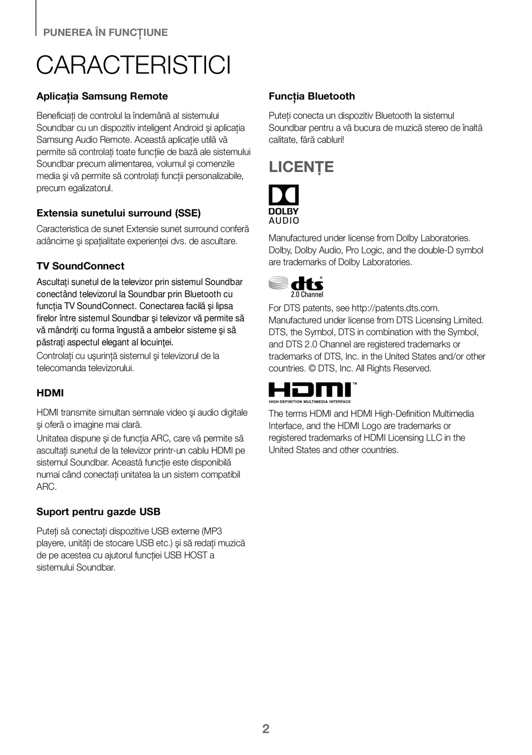 Samsung HW-K450/ZF, HW-K450/EN, HW-J450/EN, HW-J450/ZF manual Caracteristici, Licențe 