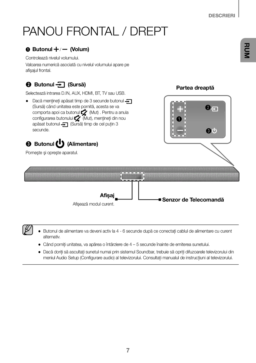 Samsung HW-K450/EN manual Panou Frontal / Drept, Butonul / Volum, Butonul Sursă, Butonul Alimentare, Partea dreaptă Afişaj 