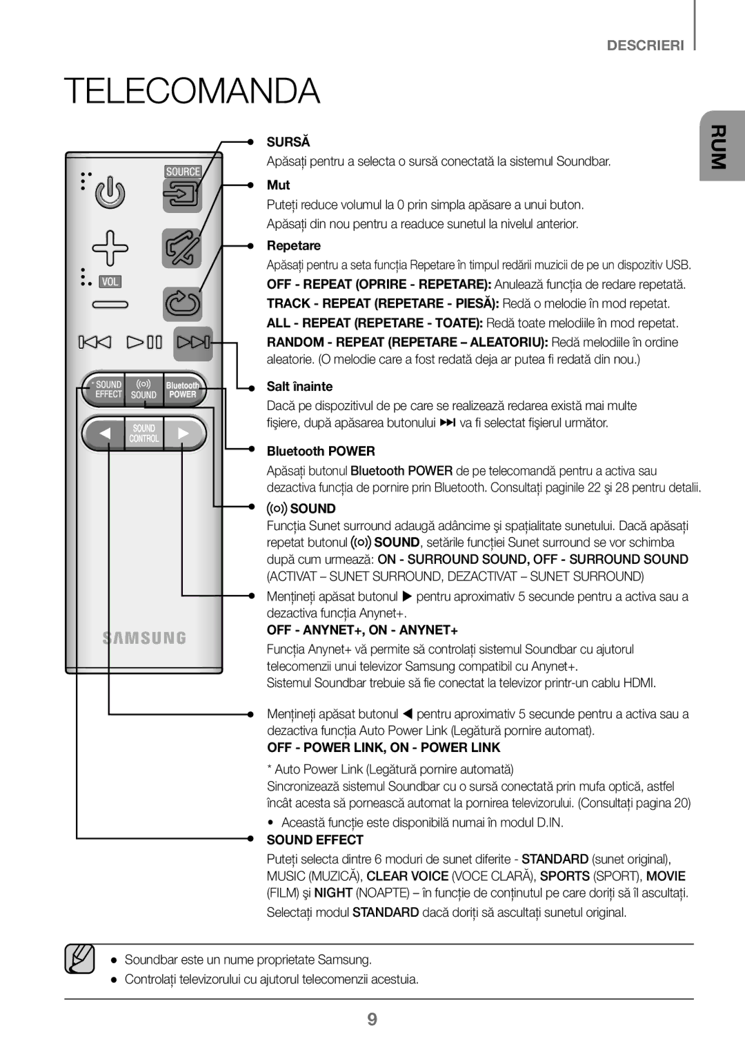 Samsung HW-J450/ZF, HW-K450/EN, HW-J450/EN, HW-K450/ZF manual Telecomanda, Sursă, Mut, Repetare, Salt înainte 