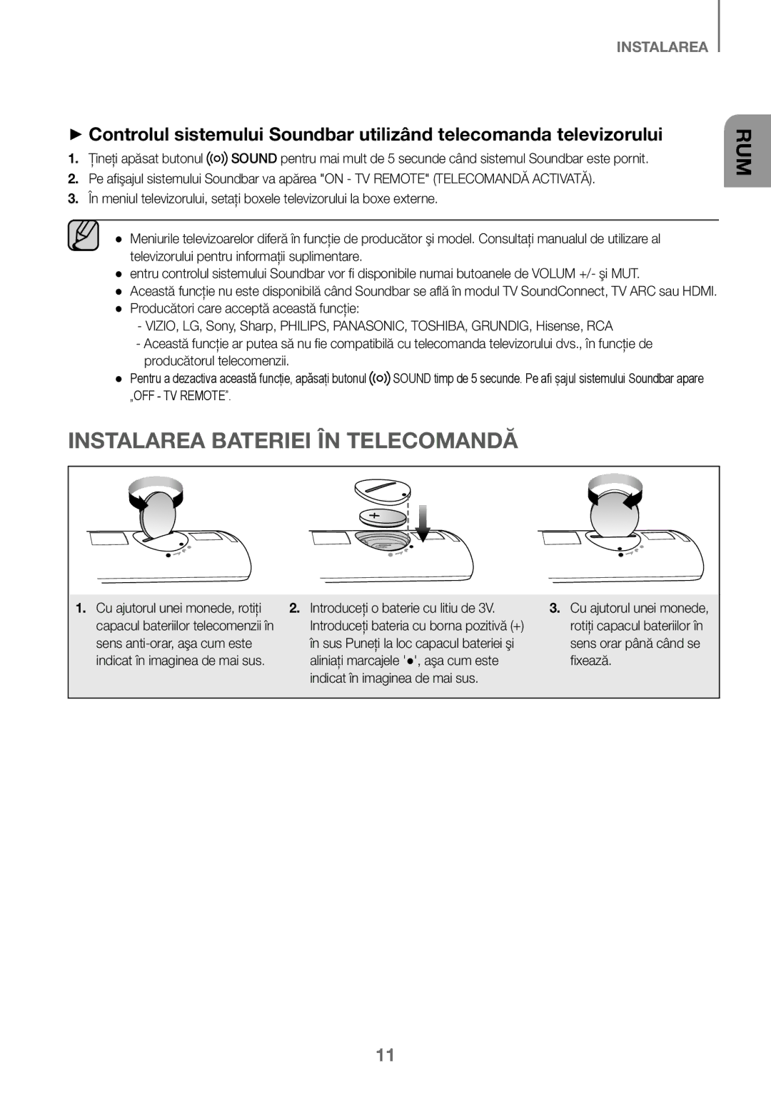 Samsung HW-K450/EN, HW-J450/EN, HW-J450/ZF, HW-K450/ZF manual Instalarea Bateriei ÎN Telecomandă, Producătorul telecomenzii 