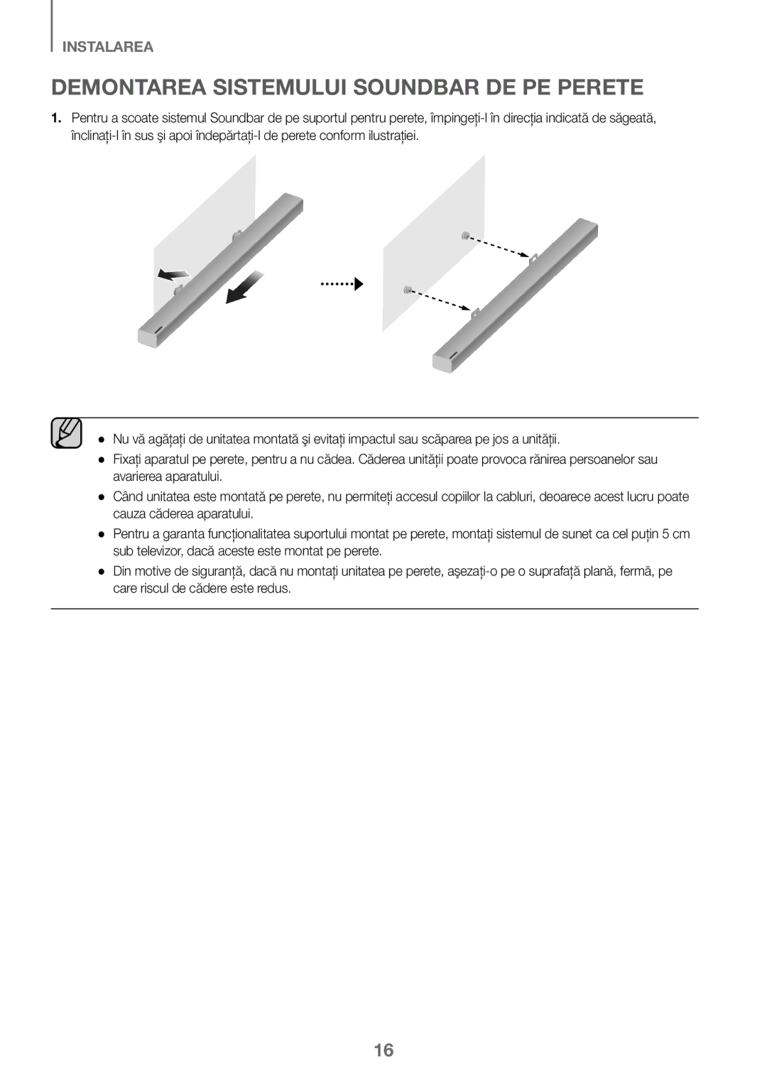 Samsung HW-J450/EN, HW-K450/EN, HW-J450/ZF, HW-K450/ZF manual Demontarea Sistemului Soundbar DE PE Perete 