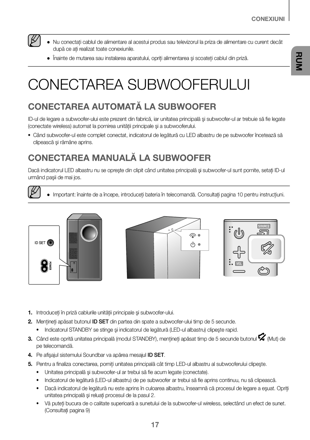 Samsung HW-J450/ZF, HW-K450/EN Conectarea Subwooferului, Conectarea Automată LA Subwoofer, Conectarea Manuală LA Subwoofer 