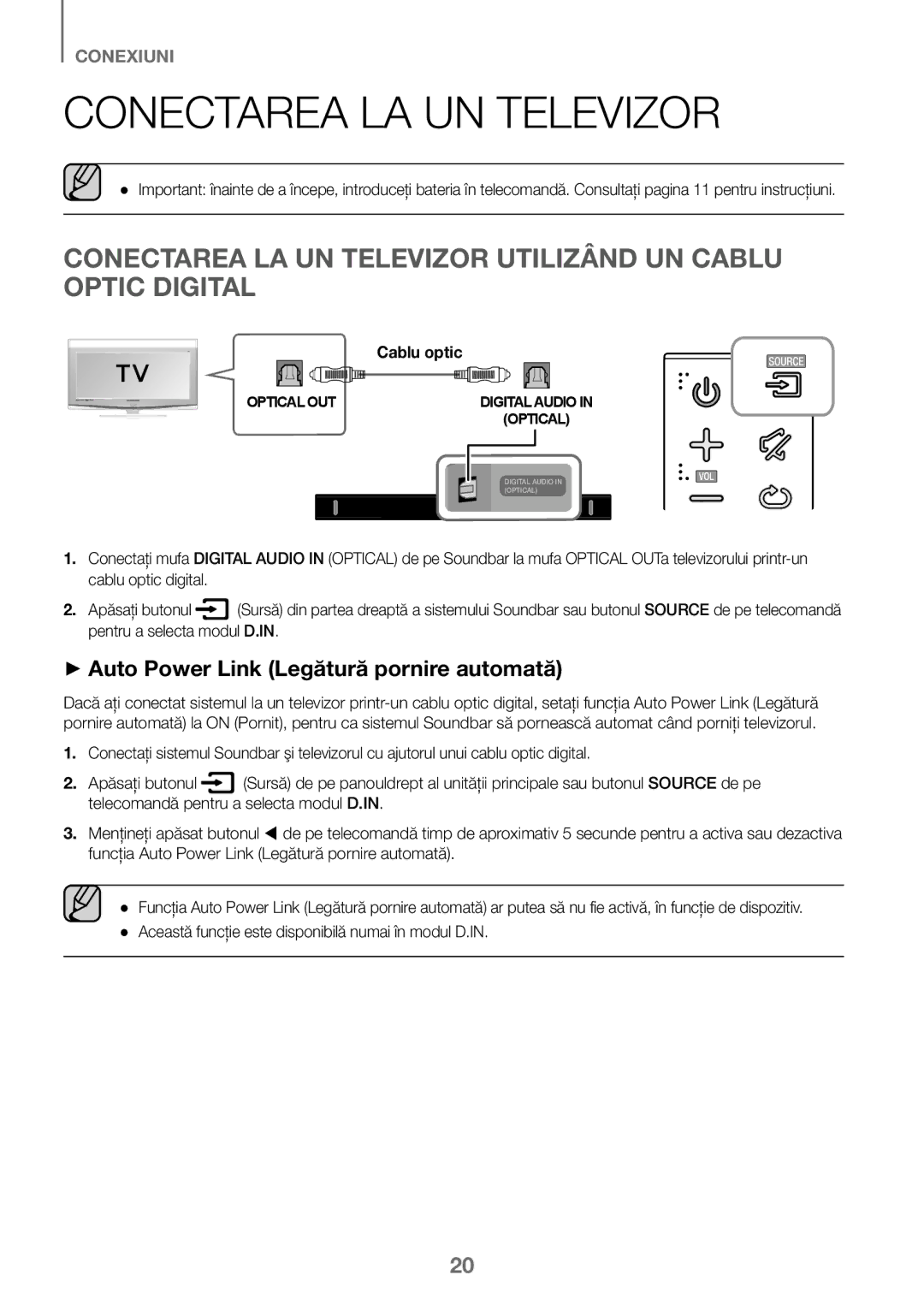 Samsung HW-J450/EN, HW-K450/EN, HW-J450/ZF, HW-K450/ZF manual Conectarea LA UN Televizor Utilizând UN Cablu Optic Digital 