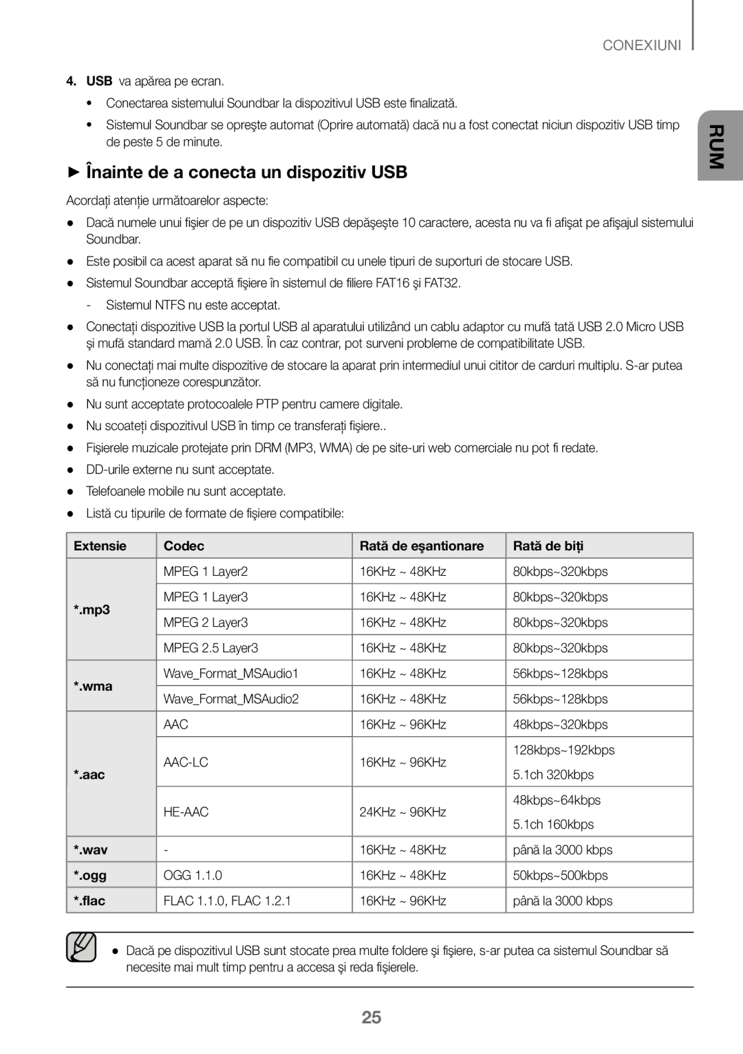 Samsung HW-J450/ZF, HW-K450/EN, HW-J450/EN manual ++Înainte de a conecta un dispozitiv USB, Sistemul Ntfs nu este acceptat 