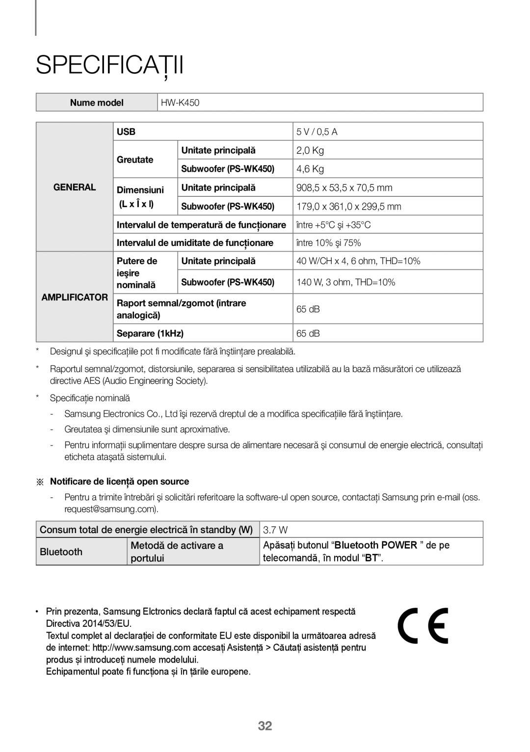 Samsung HW-J450/EN, HW-K450/EN, HW-J450/ZF, HW-K450/ZF manual Specificaţii 