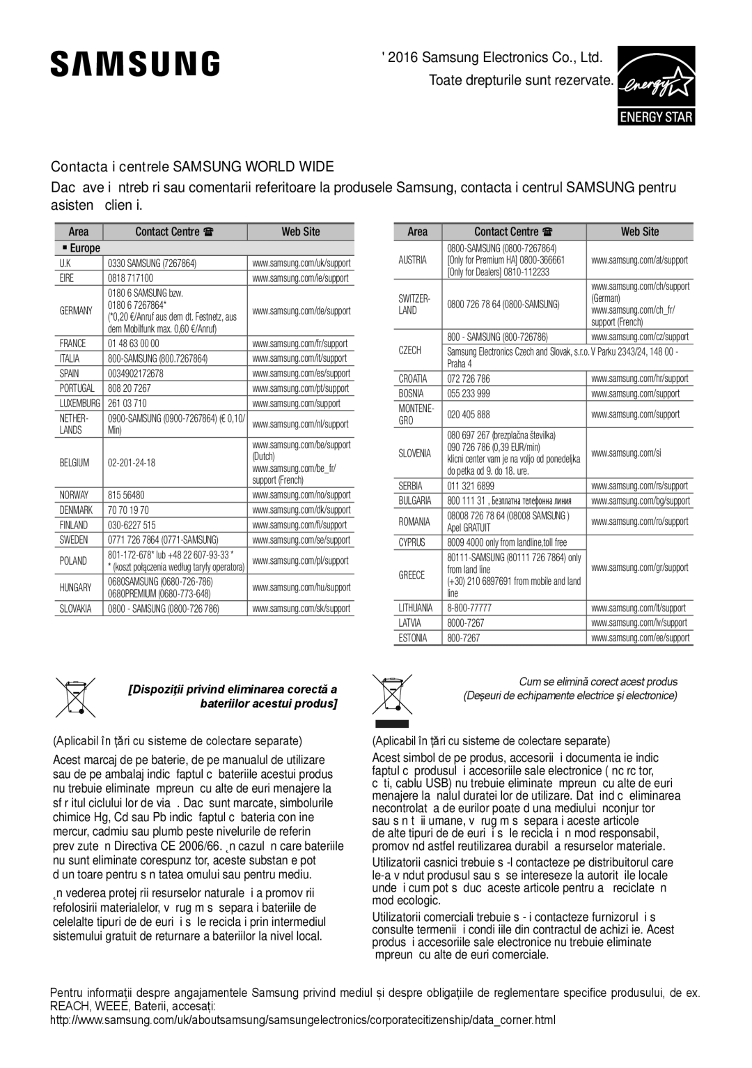 Samsung HW-J450/ZF, HW-K450/EN, HW-J450/EN, HW-K450/ZF manual Aplicabil în țări cu sisteme de colectare separate 