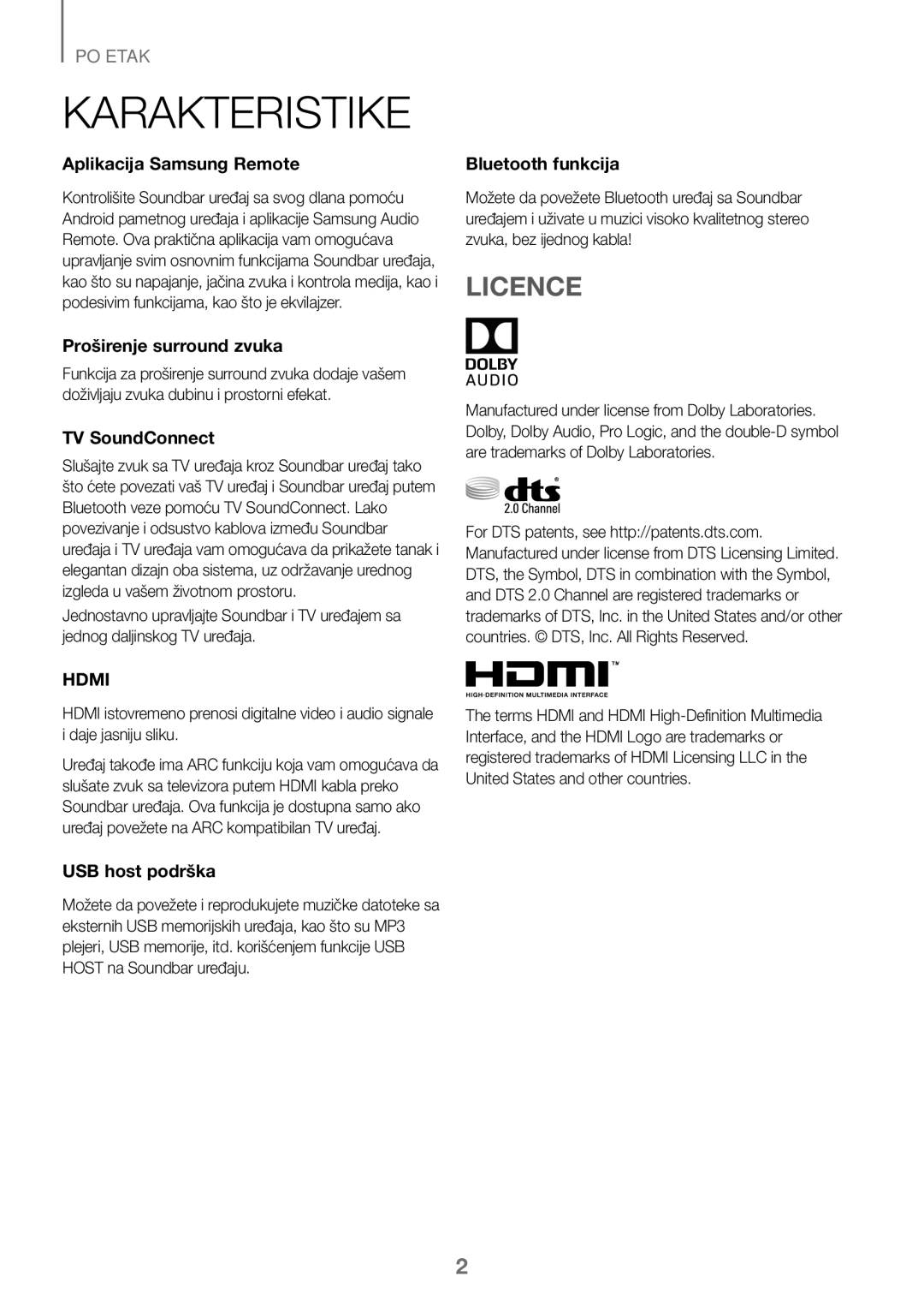 Samsung HW-K450/EN, HW-J450/EN, HW-J450/ZF, HW-K450/ZF manual Karakteristike, Proširenje surround zvuka 