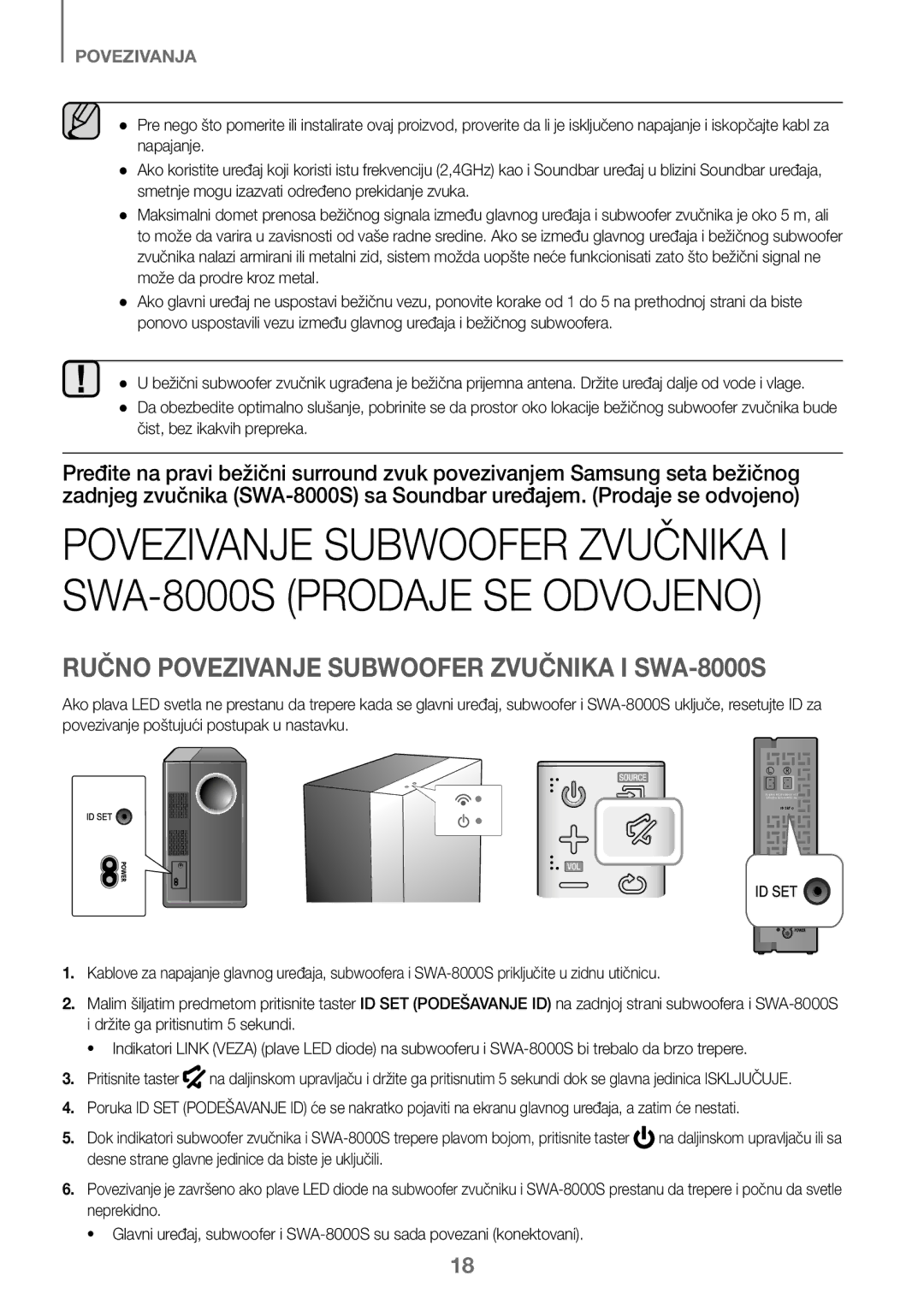 Samsung HW-K450/EN, HW-J450/EN, HW-J450/ZF, HW-K450/ZF manual Ručno Povezivanje Subwoofer Zvučnika I SWA-8000S 