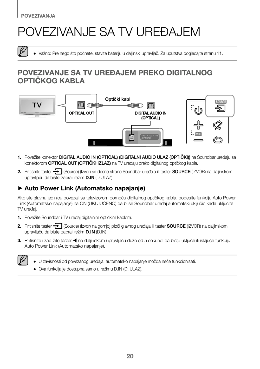 Samsung HW-J450/ZF Povezivanje SA TV Uređajem Preko Digitalnog Optičkog Kabla, ++Auto Power Link Automatsko napajanje 