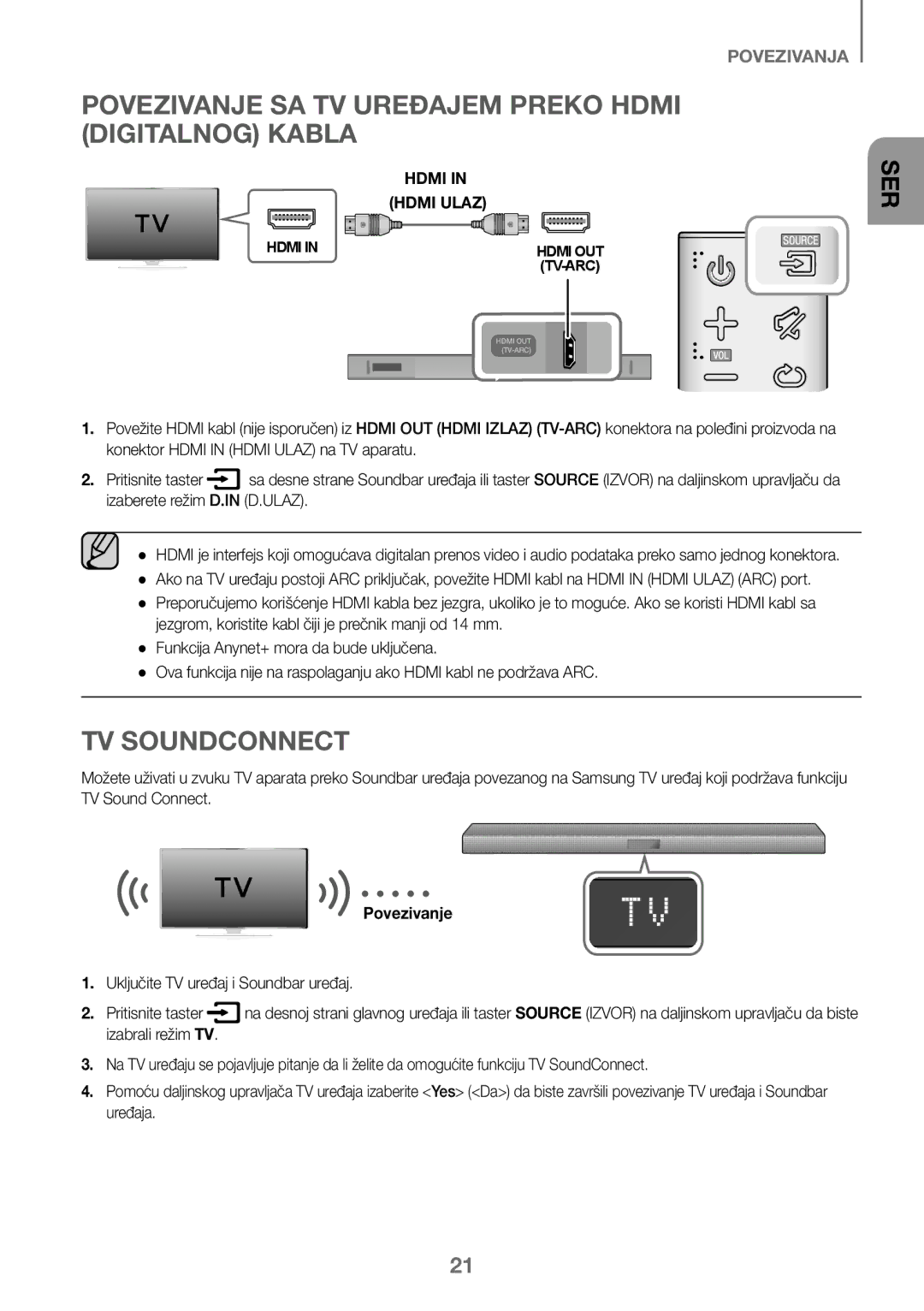 Samsung HW-K450/ZF, HW-K450/EN, HW-J450/EN, HW-J450/ZF manual Povezivanje SA TV Uređajem Preko Hdmi Digitalnog Kabla 