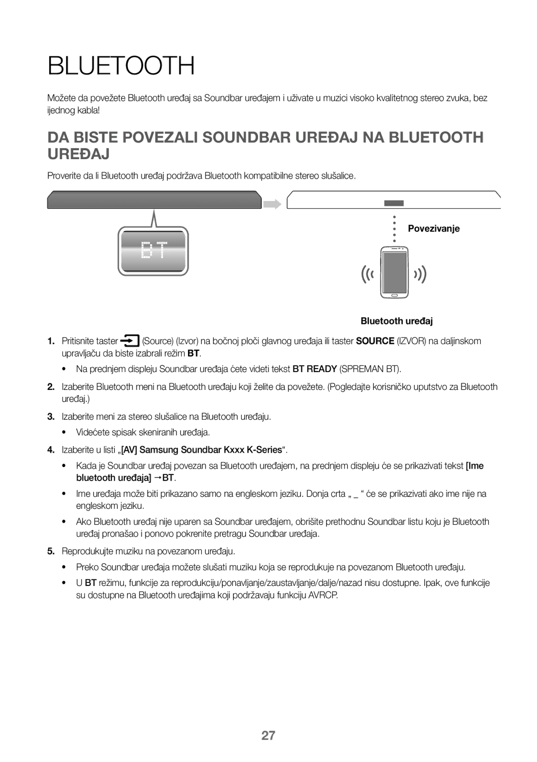 Samsung HW-J450/EN, HW-K450/EN, HW-J450/ZF, HW-K450/ZF manual DA Biste Povezali Soundbar Uređaj NA Bluetooth Uređaj 