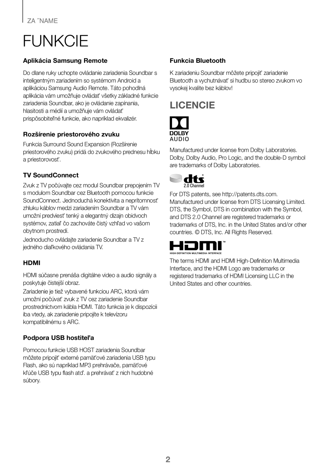 Samsung HW-J450/EN, HW-K450/EN, HW-J450/ZF, HW-K450/ZF manual Funkcie, Licencie 