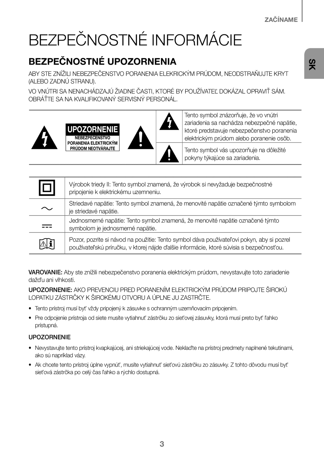 Samsung HW-J450/ZF, HW-K450/EN, HW-J450/EN, HW-K450/ZF manual Bezpečnostné Informácie, Bezpečnostné Upozornenia 