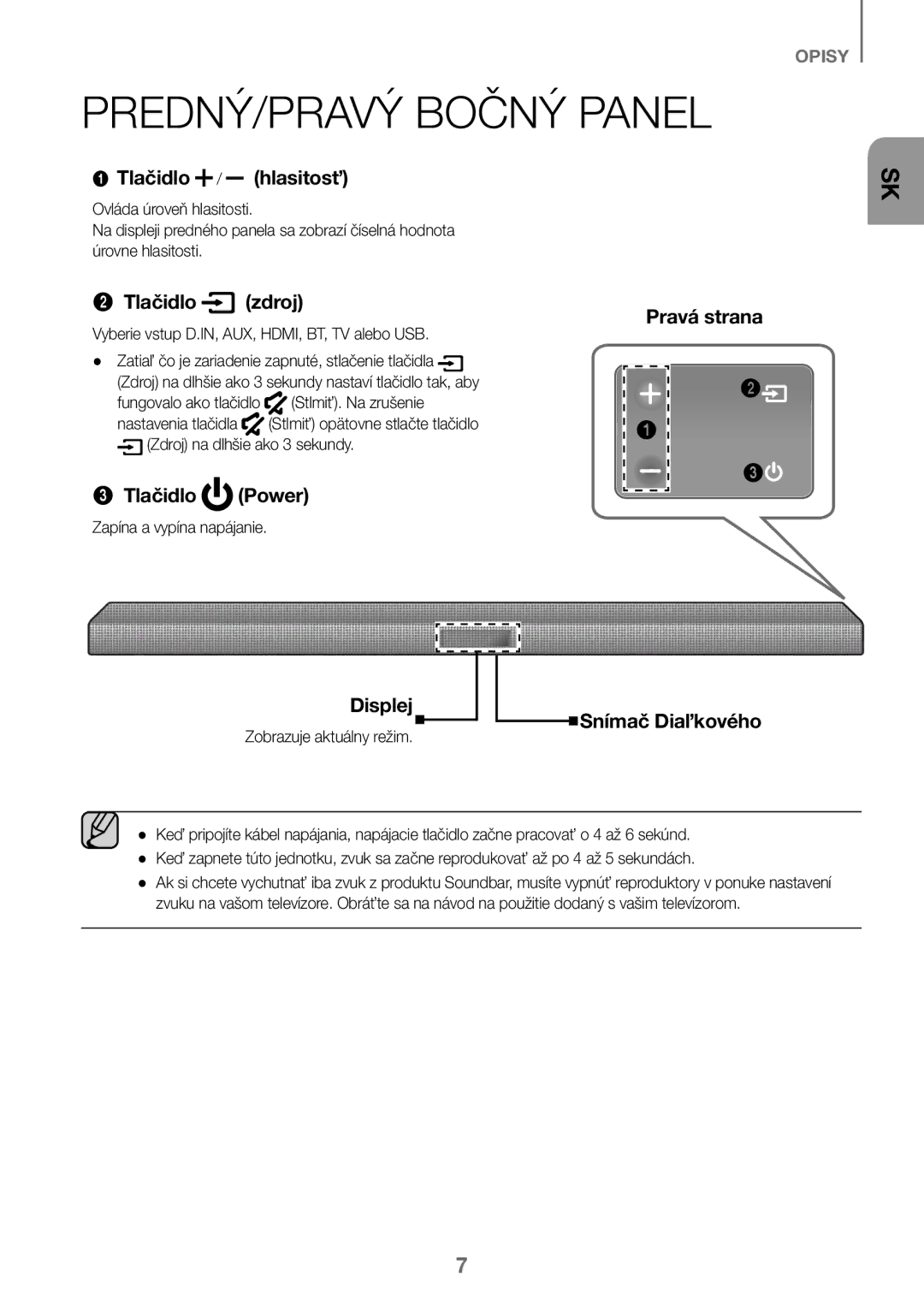 Samsung HW-J450/ZF manual PREDNÝ/PRAVÝ Bočný Panel, Tlačidlo / hlasitosť, Tlačidlo zdroj, Tlačidlo Power, Snímač Diaľkového 