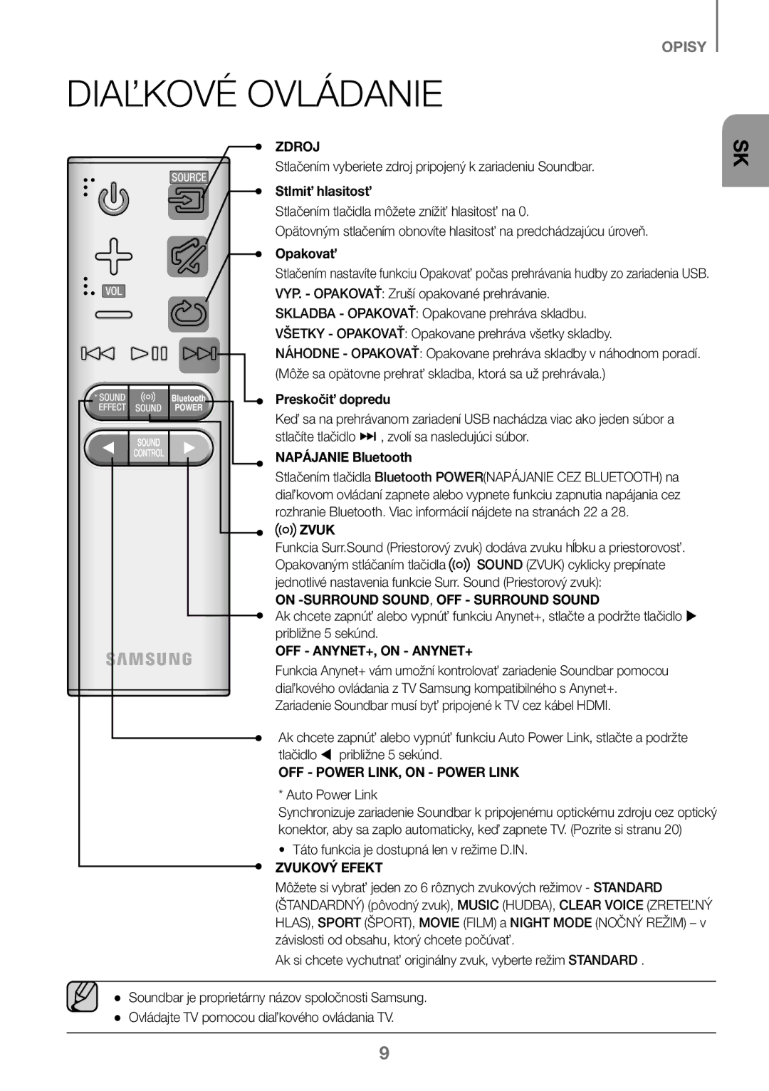 Samsung HW-K450/EN, HW-J450/EN, HW-J450/ZF Diaľkové Ovládanie, On -SURROUND SOUND, OFF Surround Sound, Zvukový Efekt 