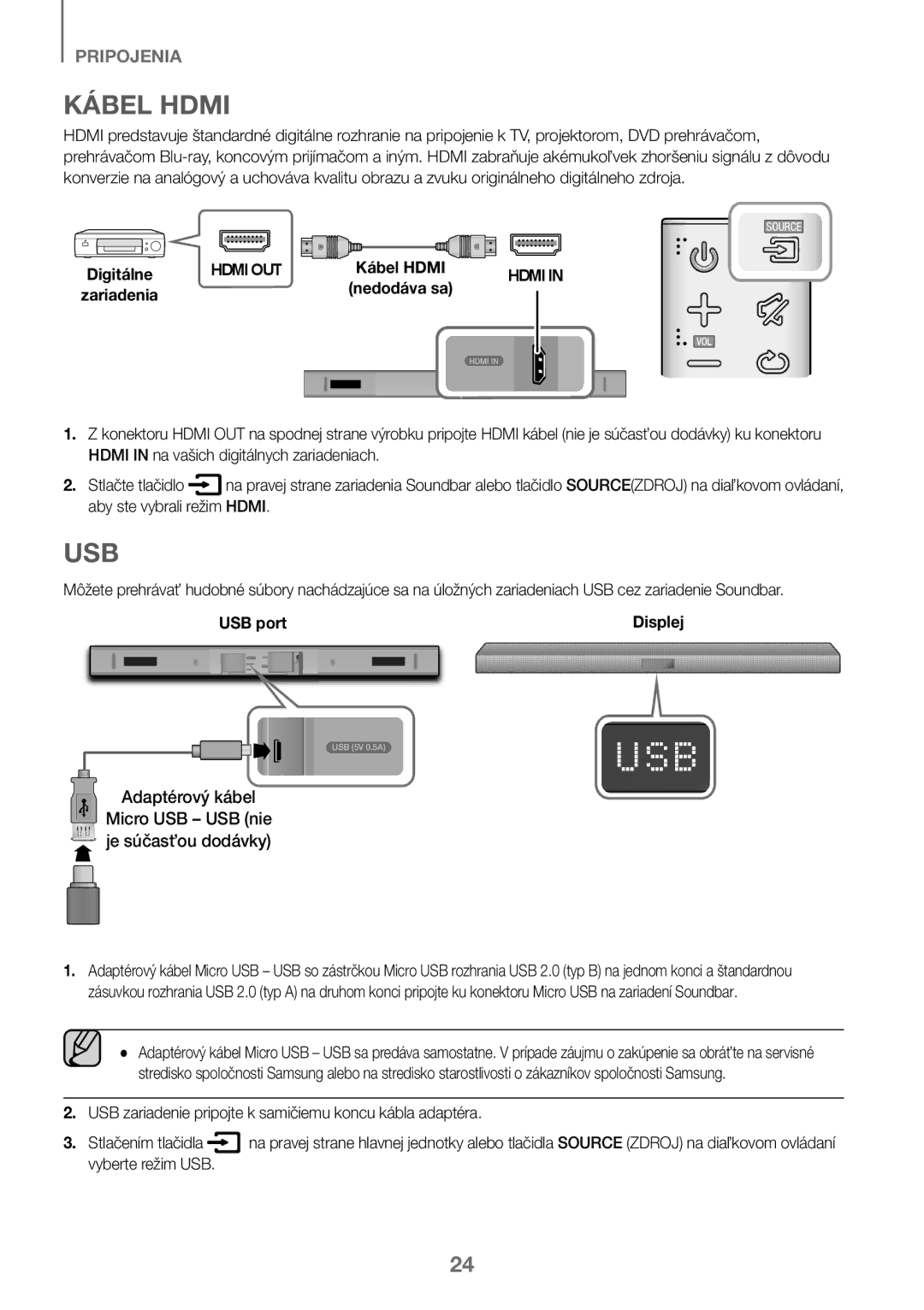 Samsung HW-K450/ZF, HW-K450/EN manual Kábel Hdmi, Adaptérový kábel Micro USB USB nie je súčasťou dodávky, Vyberte režim USB 