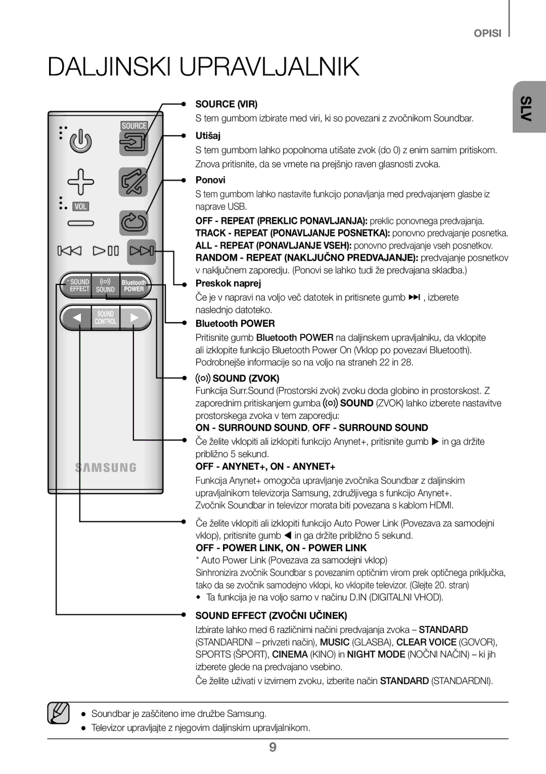 Samsung HW-J450/EN, HW-K450/EN, HW-J450/ZF manual Daljinski Upravljalnik, Source VIR, Sound Zvok, Sound Effect Zvočni Učinek 