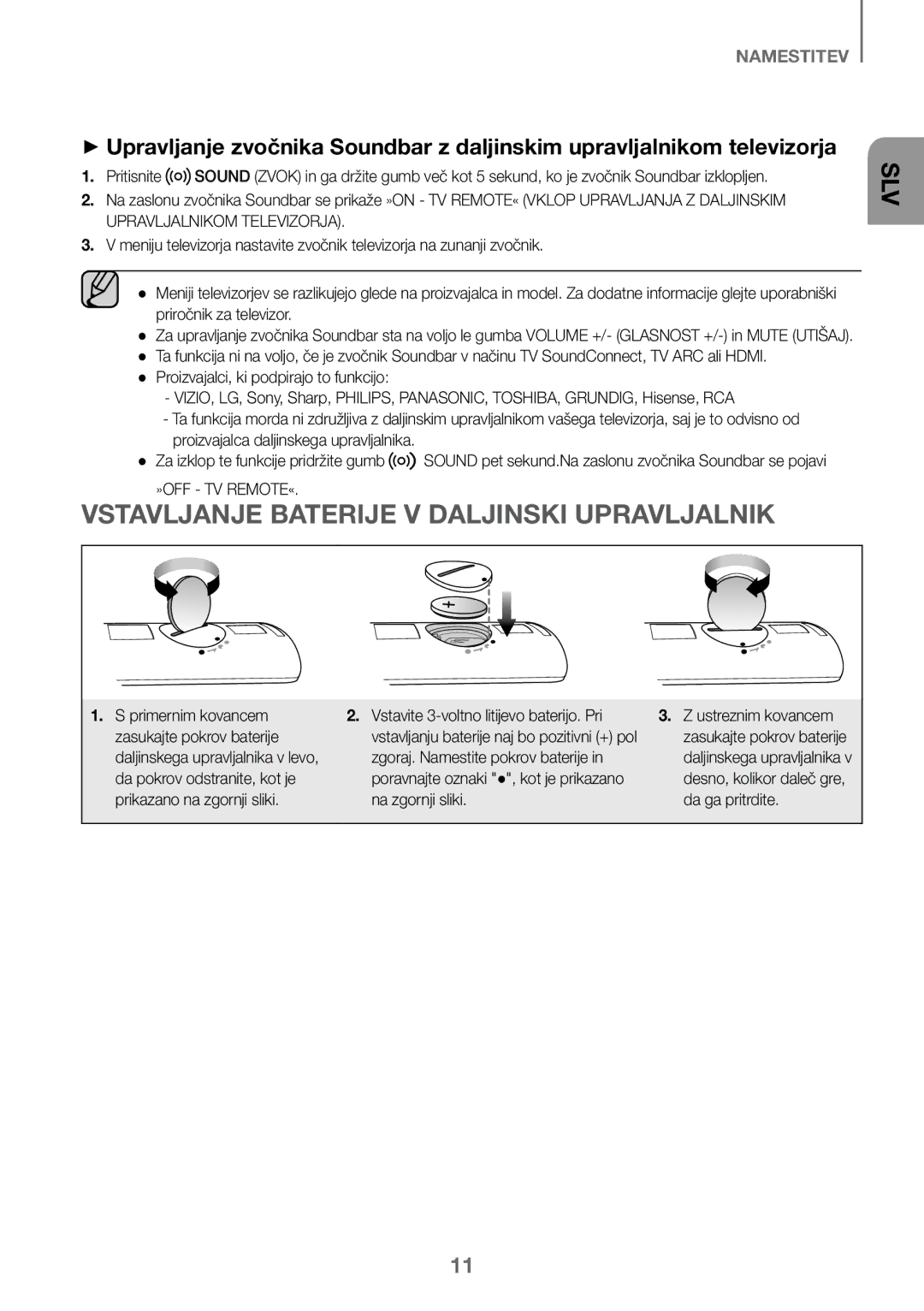 Samsung HW-K450/ZF, HW-K450/EN, HW-J450/EN, HW-J450/ZF Vstavljanje Baterije V Daljinski Upravljalnik, Priročnik za televizor 