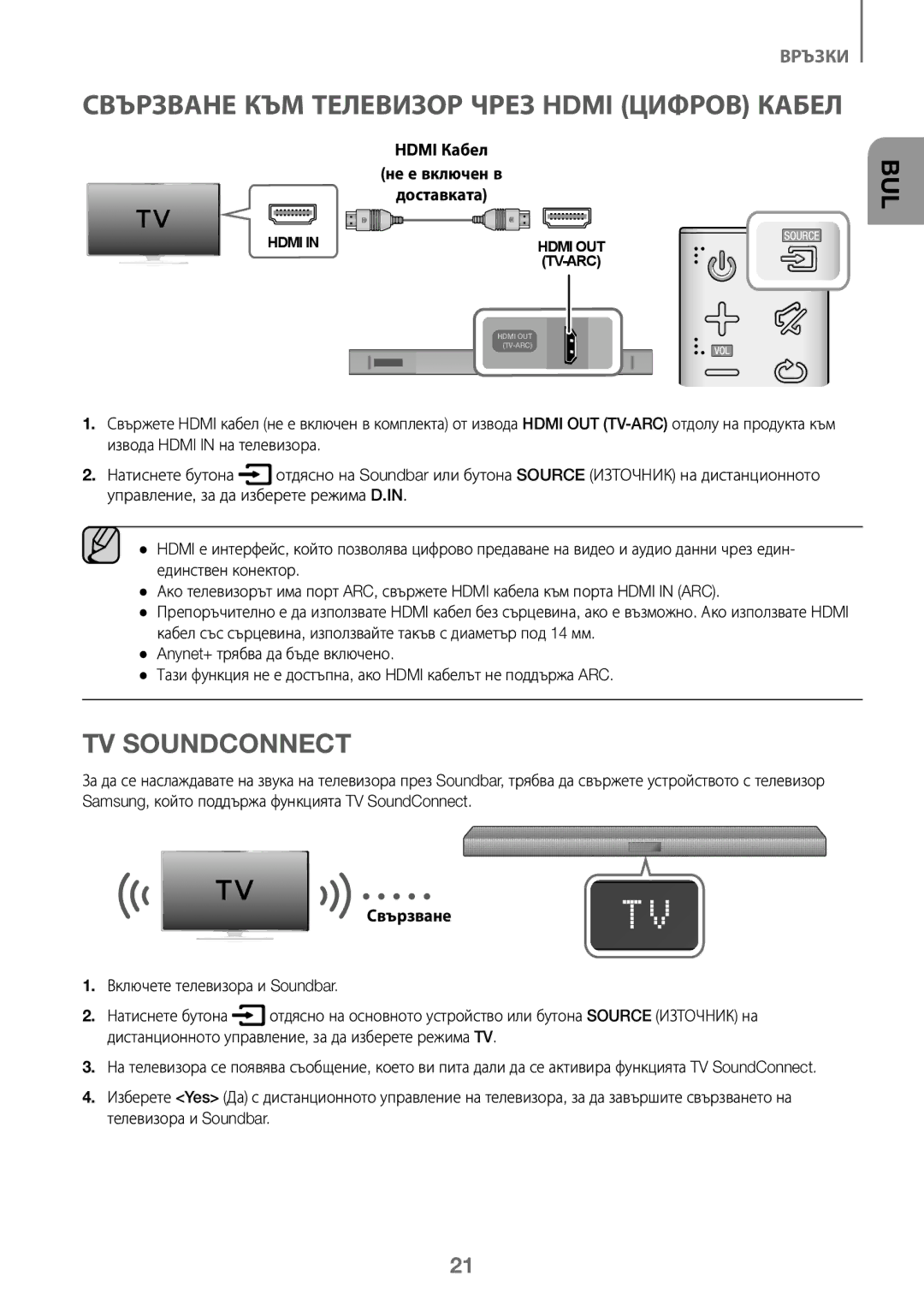 Samsung HW-J450/ZF, HW-K450/EN, HW-J450/EN, HW-K450/ZF manual Hdmi Кабел Не е включен в Доставката, Свързване 