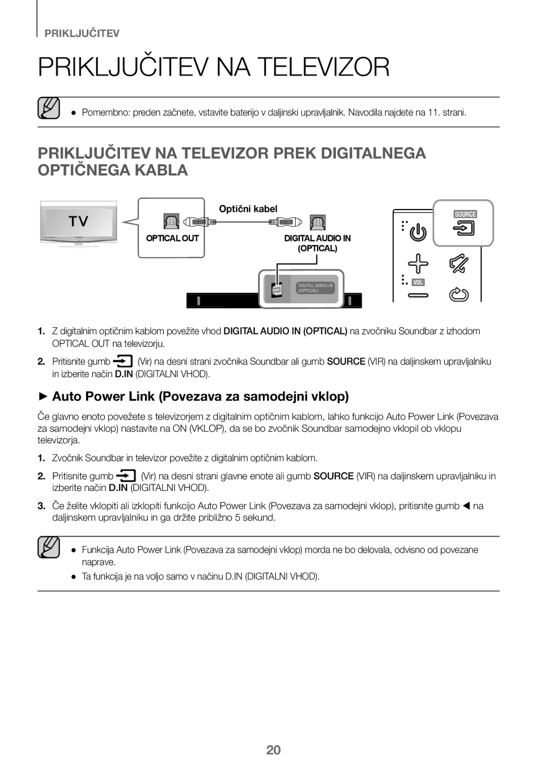 Samsung HW-K450/EN, HW-J450/EN, HW-J450/ZF, HW-K450/ZF manual Priključitev NA Televizor Prek Digitalnega Optičnega Kabla 