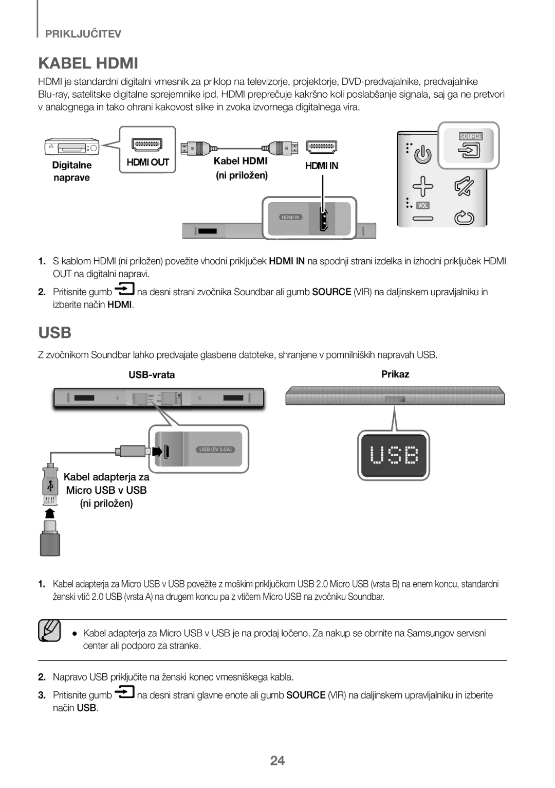 Samsung HW-K450/EN, HW-J450/EN, HW-J450/ZF, HW-K450/ZF manual Kabel adapterja za Micro USB v USB Ni priložen, USB-vrata 